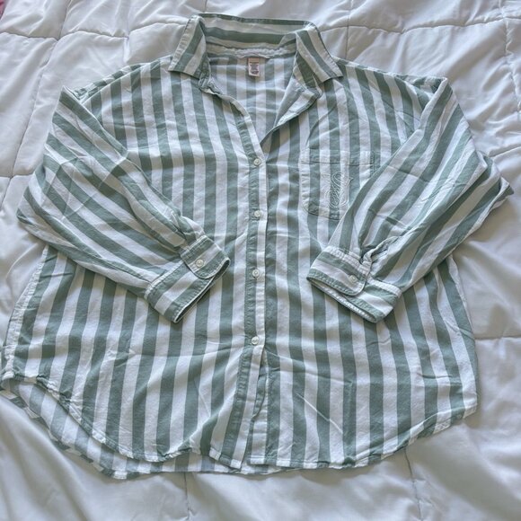 Victoria's Secret VS Long Sleeve Green Striped Button Up Top Bottoms Womens L - Picture 1 of 13